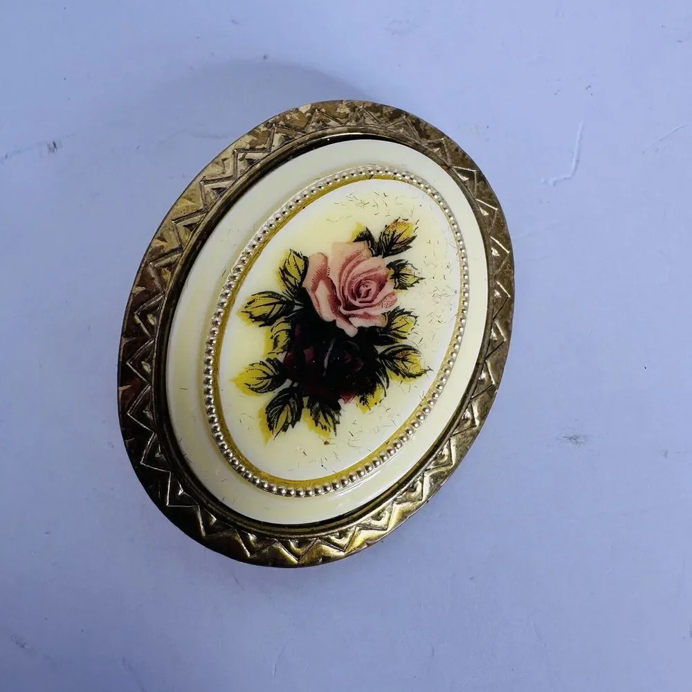 Vintage Gold Tone Enamel‎ Roses Brooch Pin Pendant